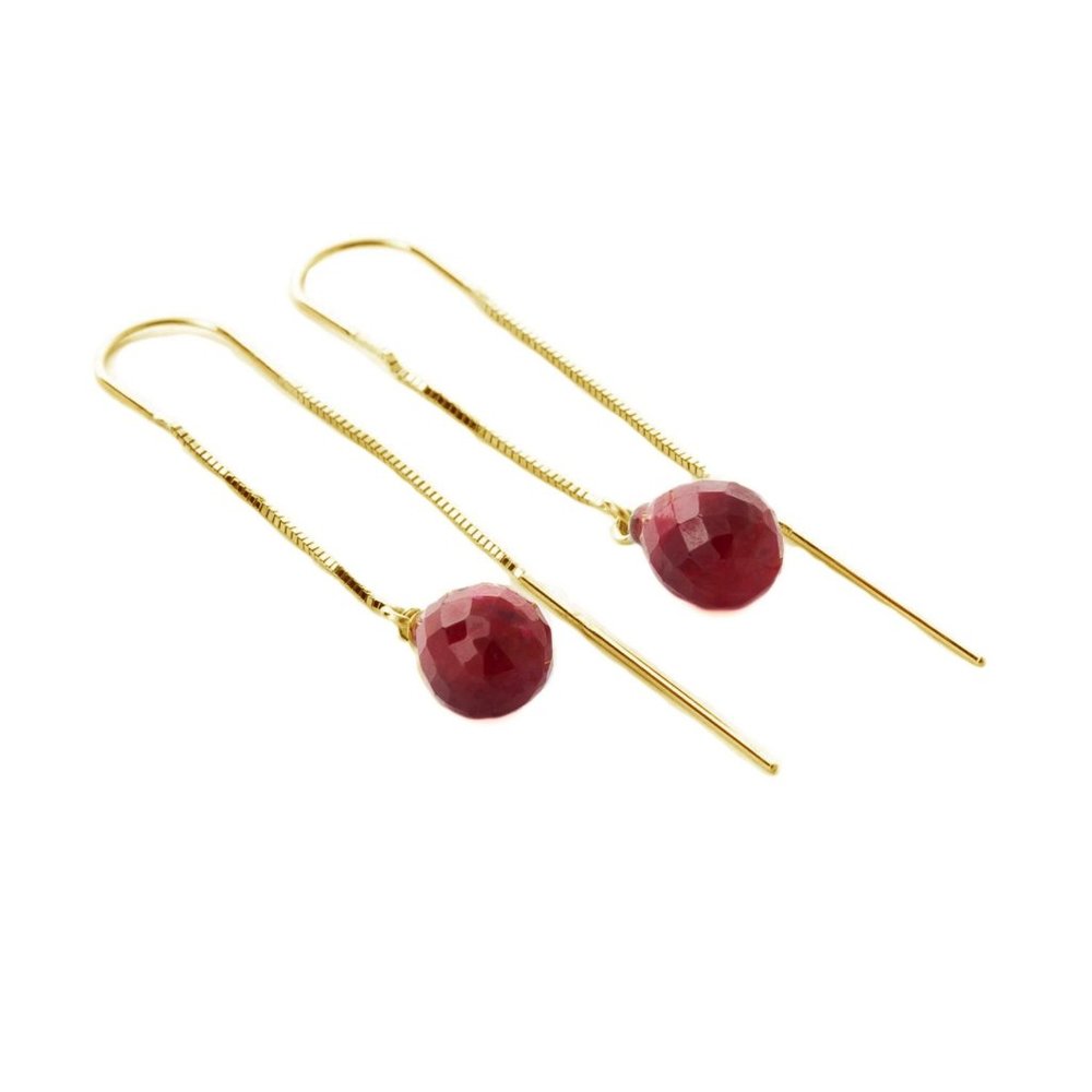 14K. GOLD THREADED DANGLES EARRINGS WITH RUBIES - Picture 4 of 7